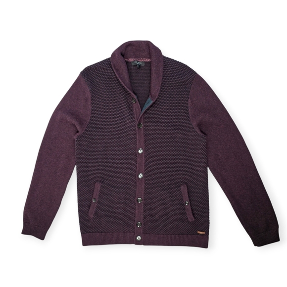 Ted Baker Men’s Cardigan Sweater Burgundy Cotton Wool Shawl Collar Size 6 (L)